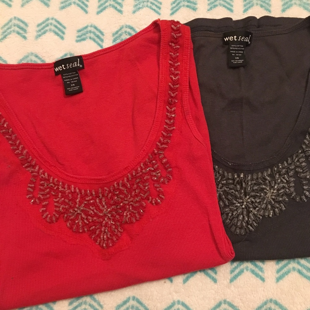 Red & Gray Beaded Cami Tank Tops